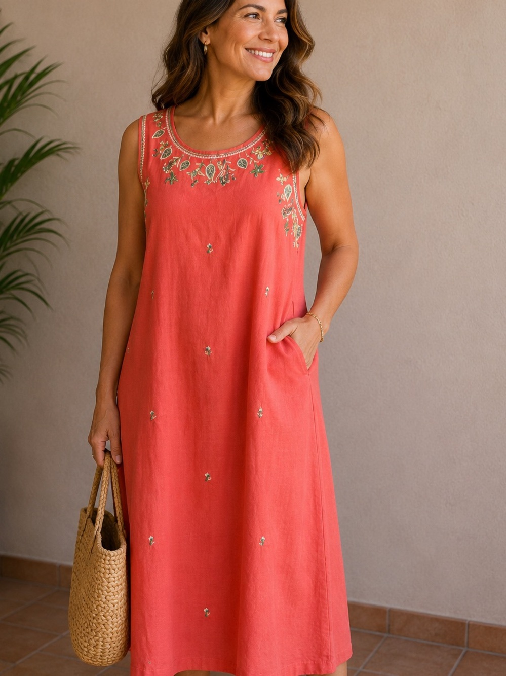 STUDIO C Embroidered Coral Sleeveless Dress